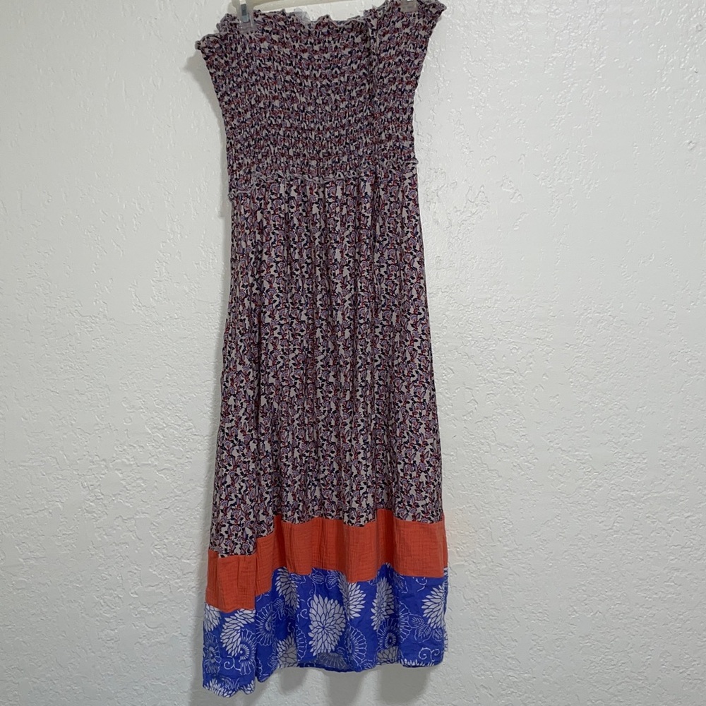 THML Navy, White & Rust Floral Smocked Tie-Shoulder Maxi Dress